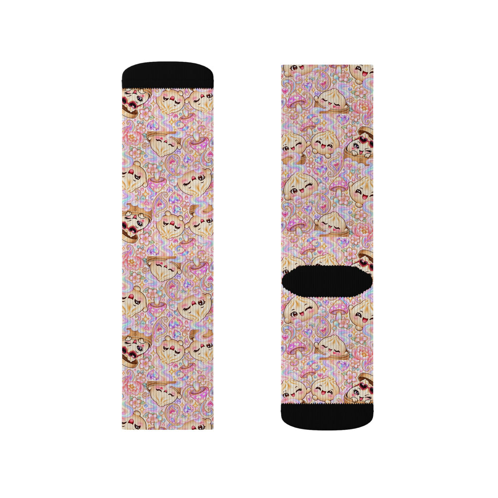 Cute Dumpling Pastel Pattern Sublimation Socks — Pink Floral Cozy Crew Socks