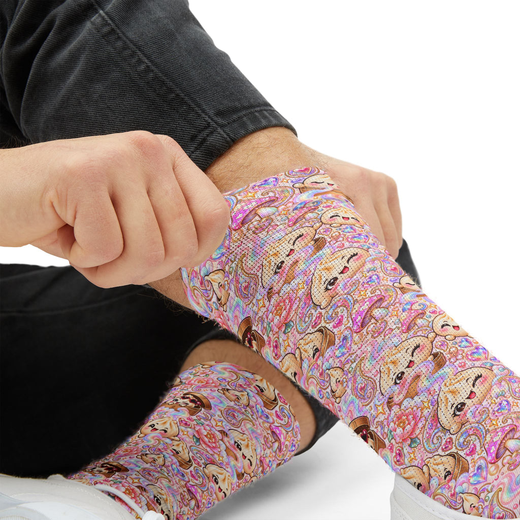 Cute Dumpling Pastel Pattern Sublimation Socks — Pink Floral Cozy Crew Socks