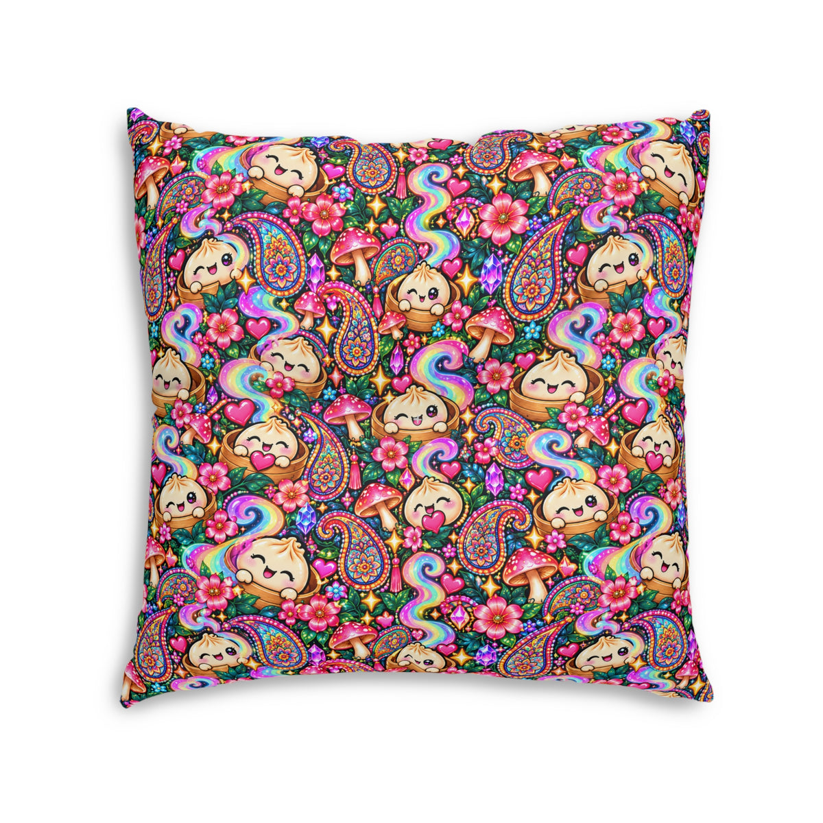 Colorful Paisley Dumpling Floor Pillow — Square Tufted Decorative Cushion
