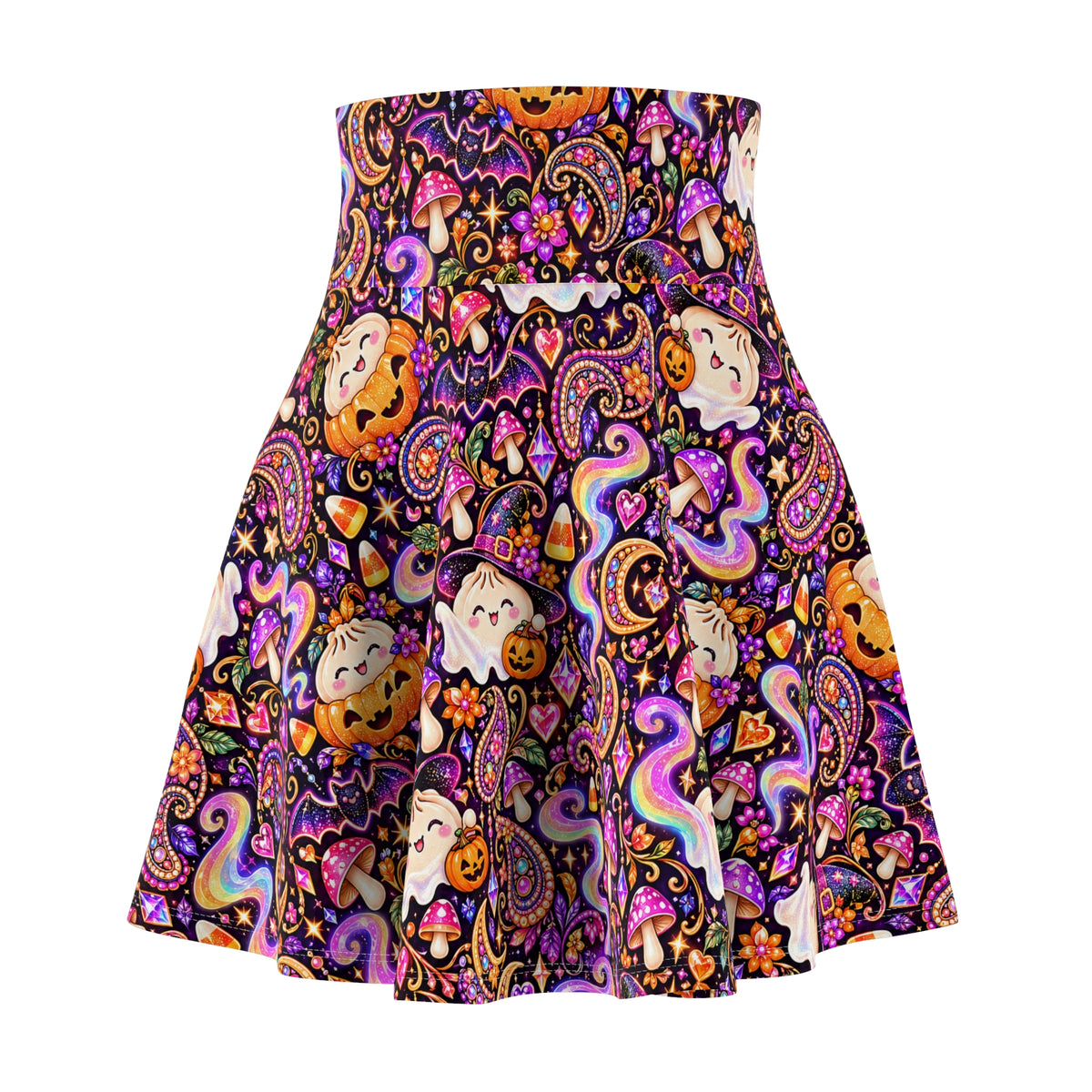 Spooky Buns Halloween Skater Skirt — Ghost, Pumpkin & Dumpling Paisley
