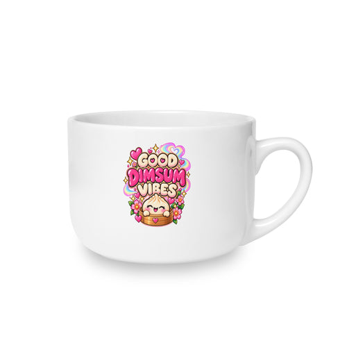 25oz White Ceramic Latte Mug — Cute Pink Floral 'Good Dimsum Vibes' Design