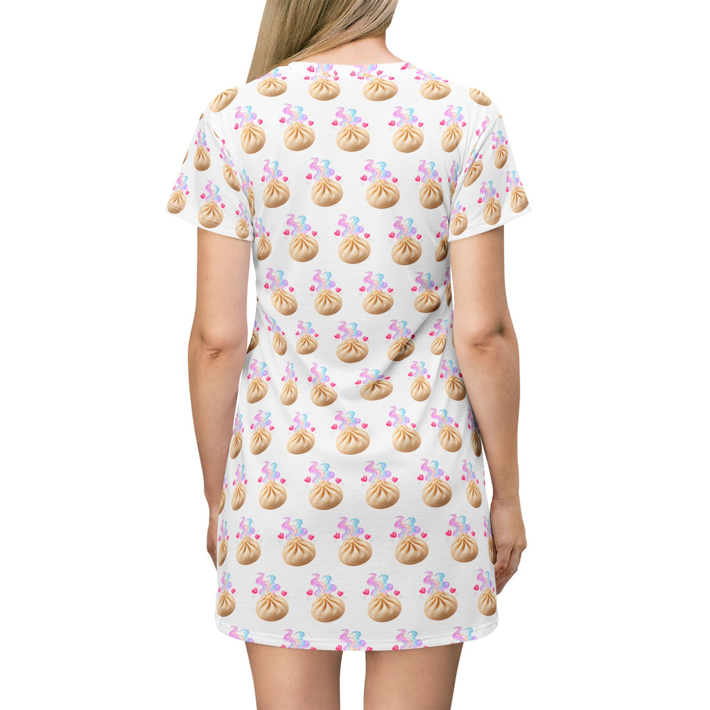 Kawaii Dumpling T-Shirt Dress — Colorful All-Over Print