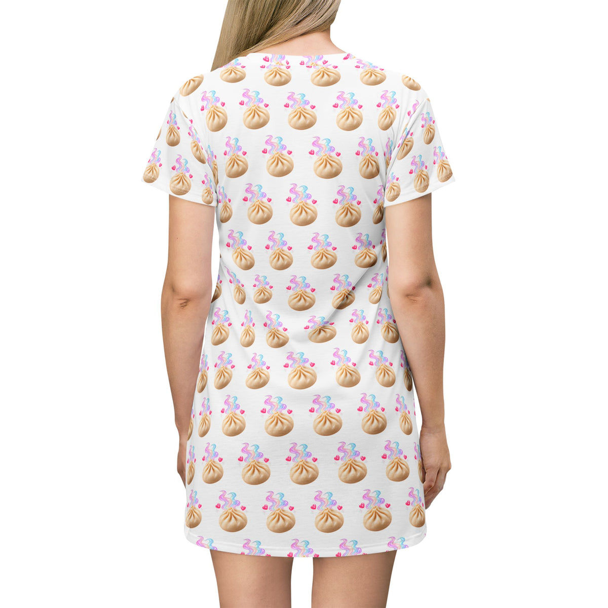 Kawaii Dumpling T-Shirt Dress — Colorful All-Over Print