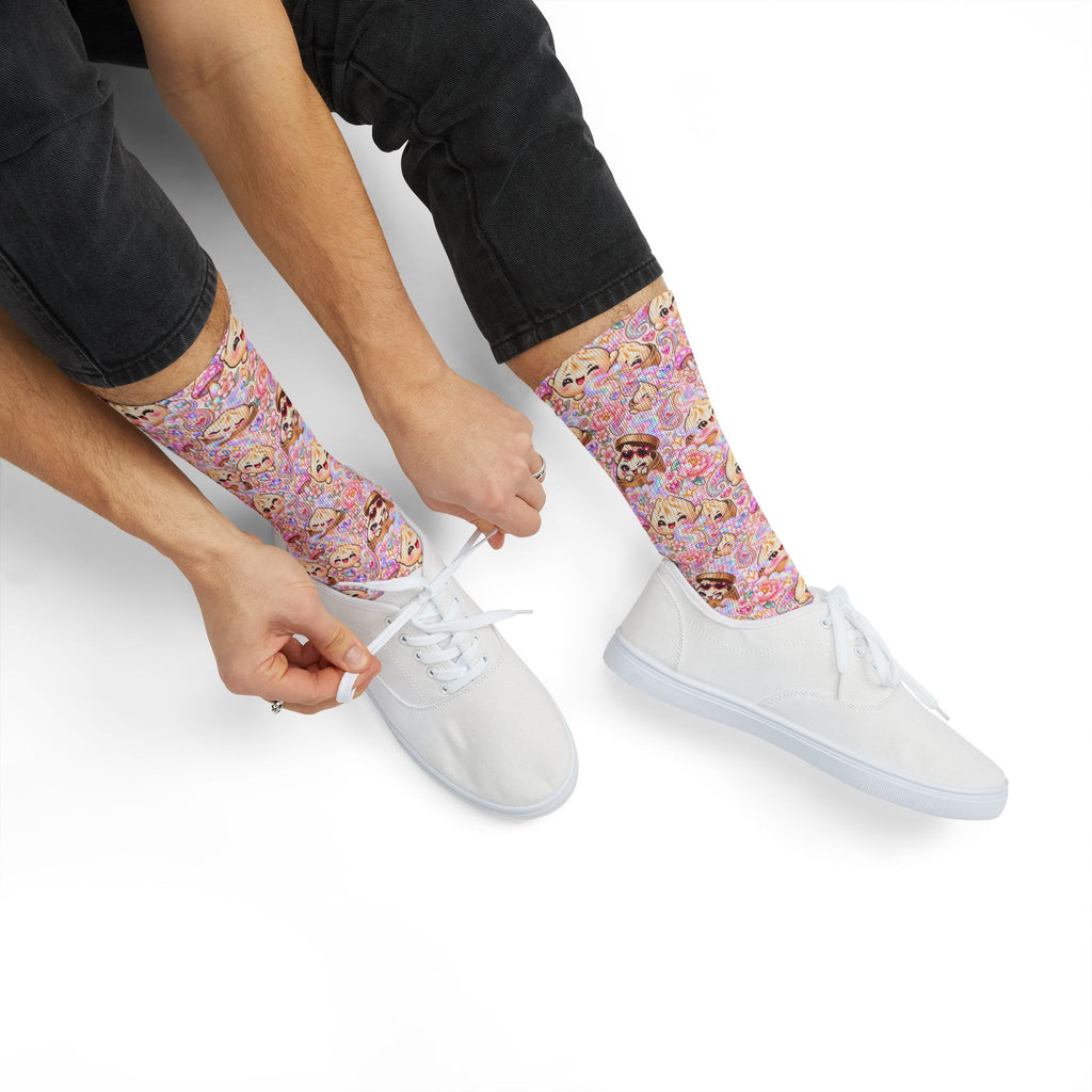 Cute Dumpling Pastel Pattern Sublimation Socks — Pink Floral Cozy Crew Socks