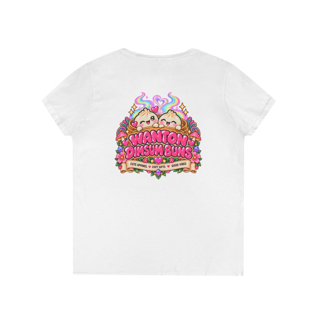 Dim Sum Bun V-Neck Tee — 'Wanton Dim Sum Buns' Cute Kawaii Food Shirt