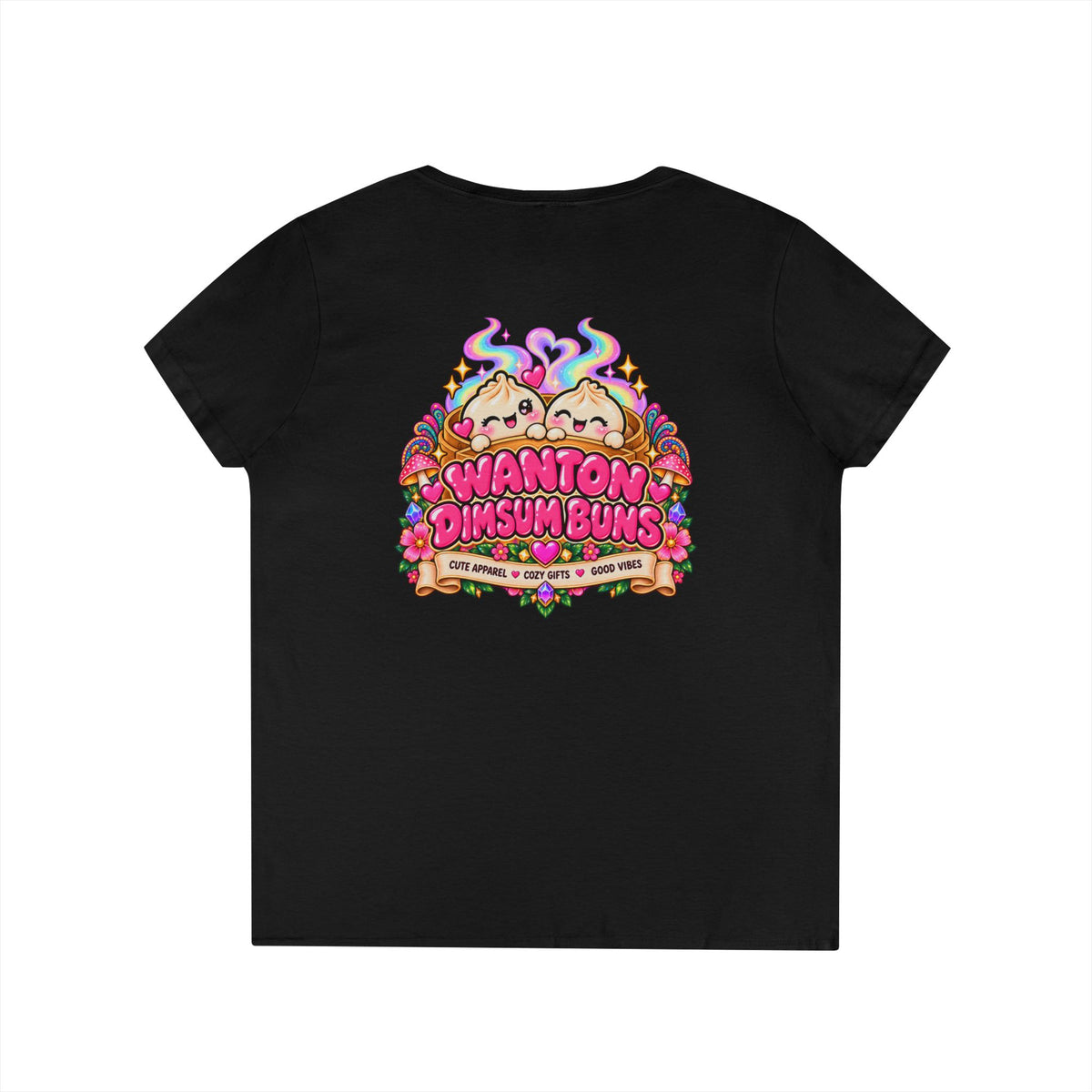 Dim Sum Bun V-Neck Tee — 'Wanton Dim Sum Buns' Cute Kawaii Food Shirt