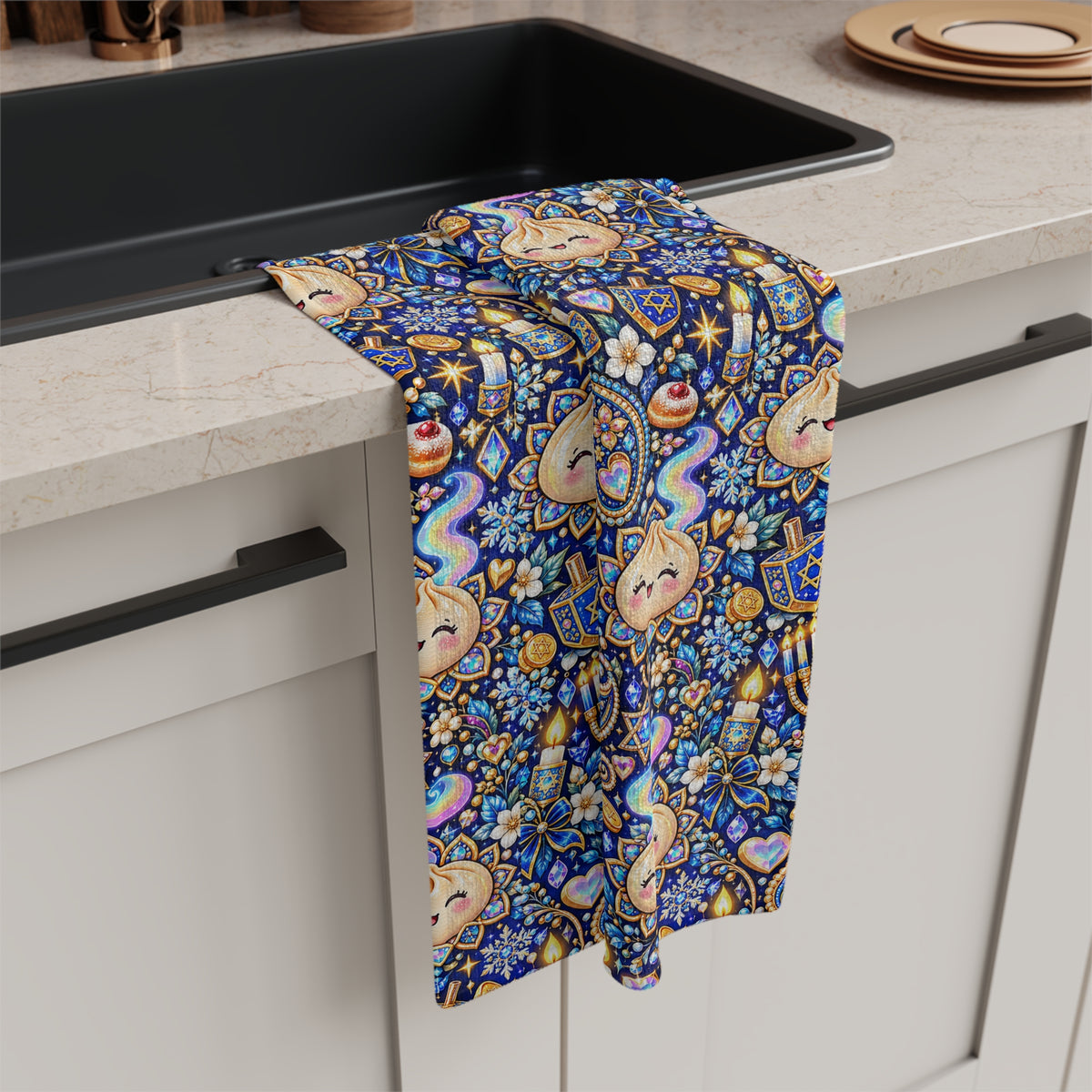 Eight Cozy Nights Hanukkah Tea Towel — Menorah, Dreidel & Dumplings