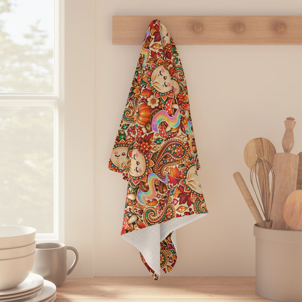 Autumn Paisley Pumpkin Dumpling Tea Towel — Whimsical Fall Microfiber Kitchen Towel