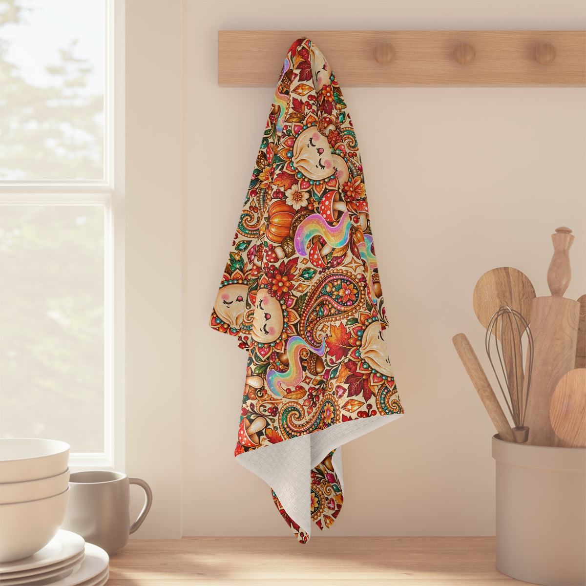 Autumn Paisley Pumpkin Dumpling Tea Towel — Whimsical Fall Microfiber Kitchen Towel