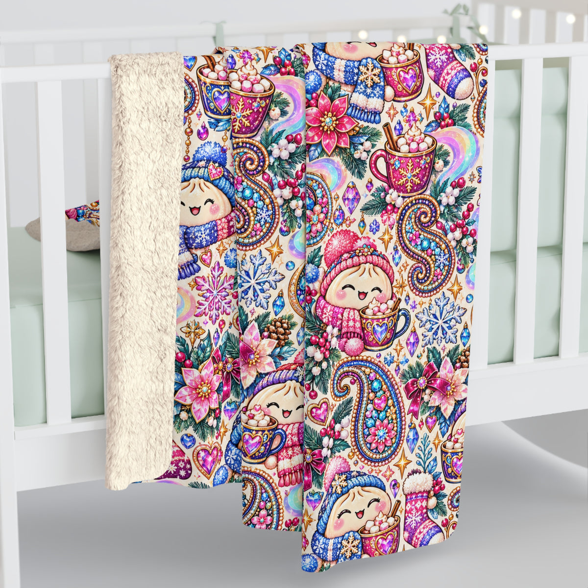 Floral Paisley Dumplings Sherpa Blanket — Cozy Plush Throw for Kids & Adults