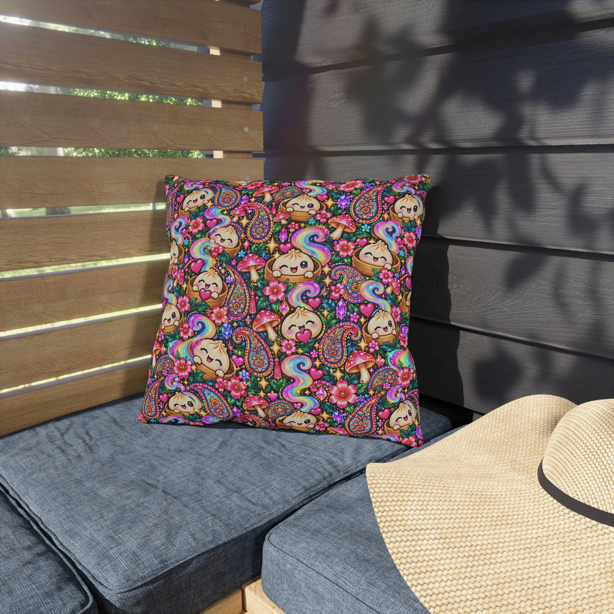 Kawaii Rainbow Dumpling Outdoor Pillow - Cute Mushroom & Flowers Accent Cushion
