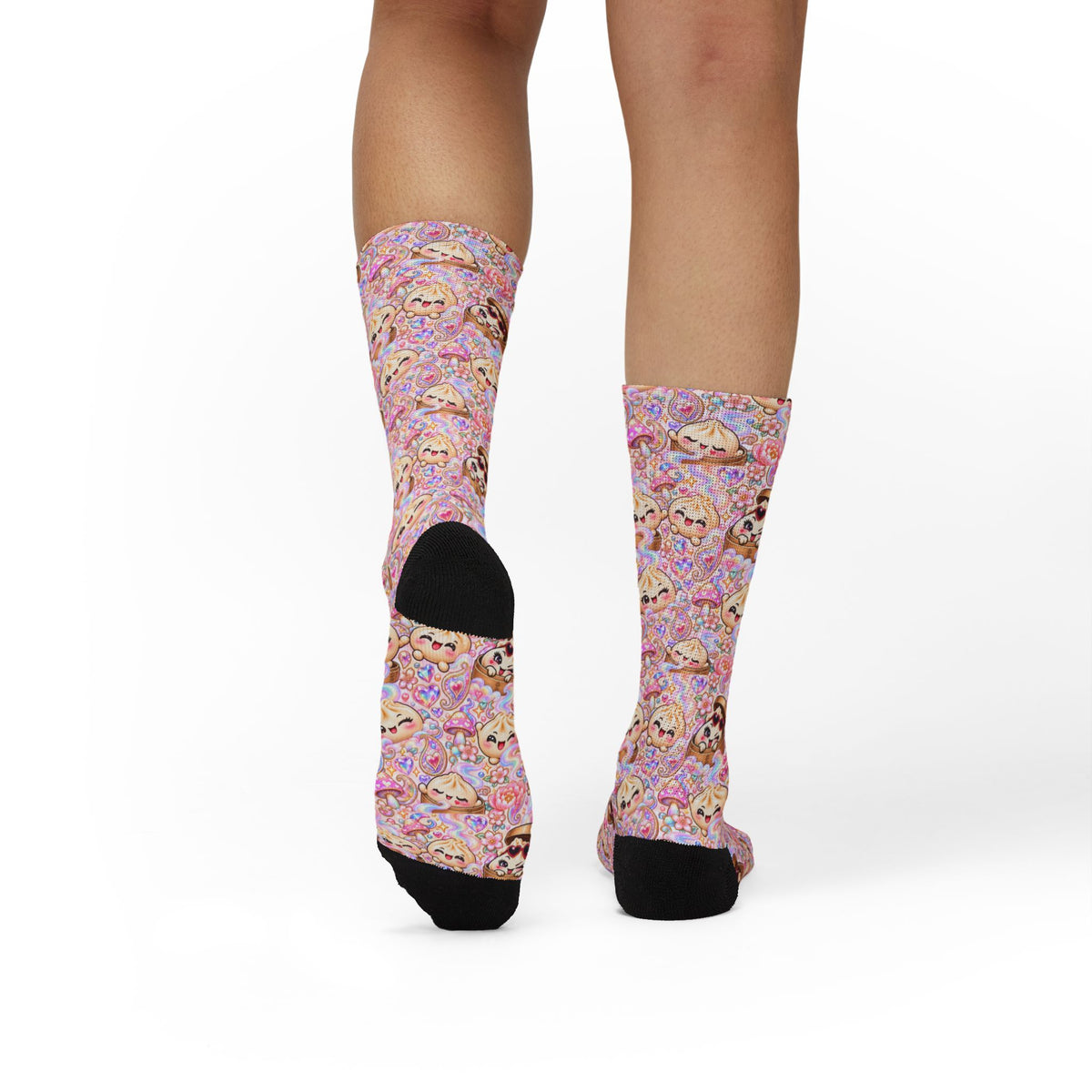 Cute Dumpling Pastel Pattern Sublimation Socks — Pink Floral Cozy Crew Socks