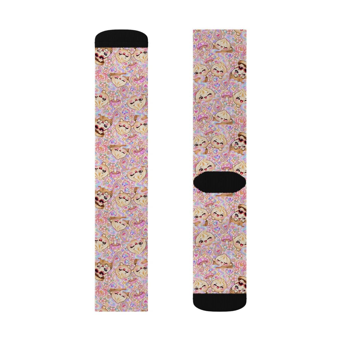 Cute Dumpling Pastel Pattern Sublimation Socks — Pink Floral Cozy Crew Socks