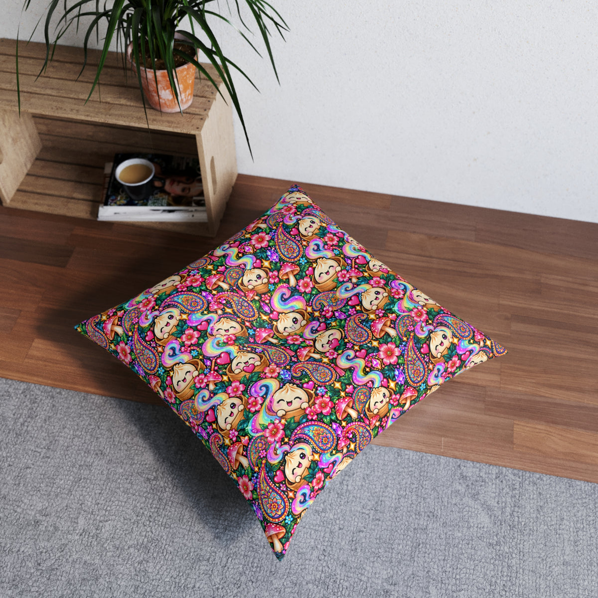 Colorful Paisley Dumpling Floor Pillow — Square Tufted Decorative Cushion