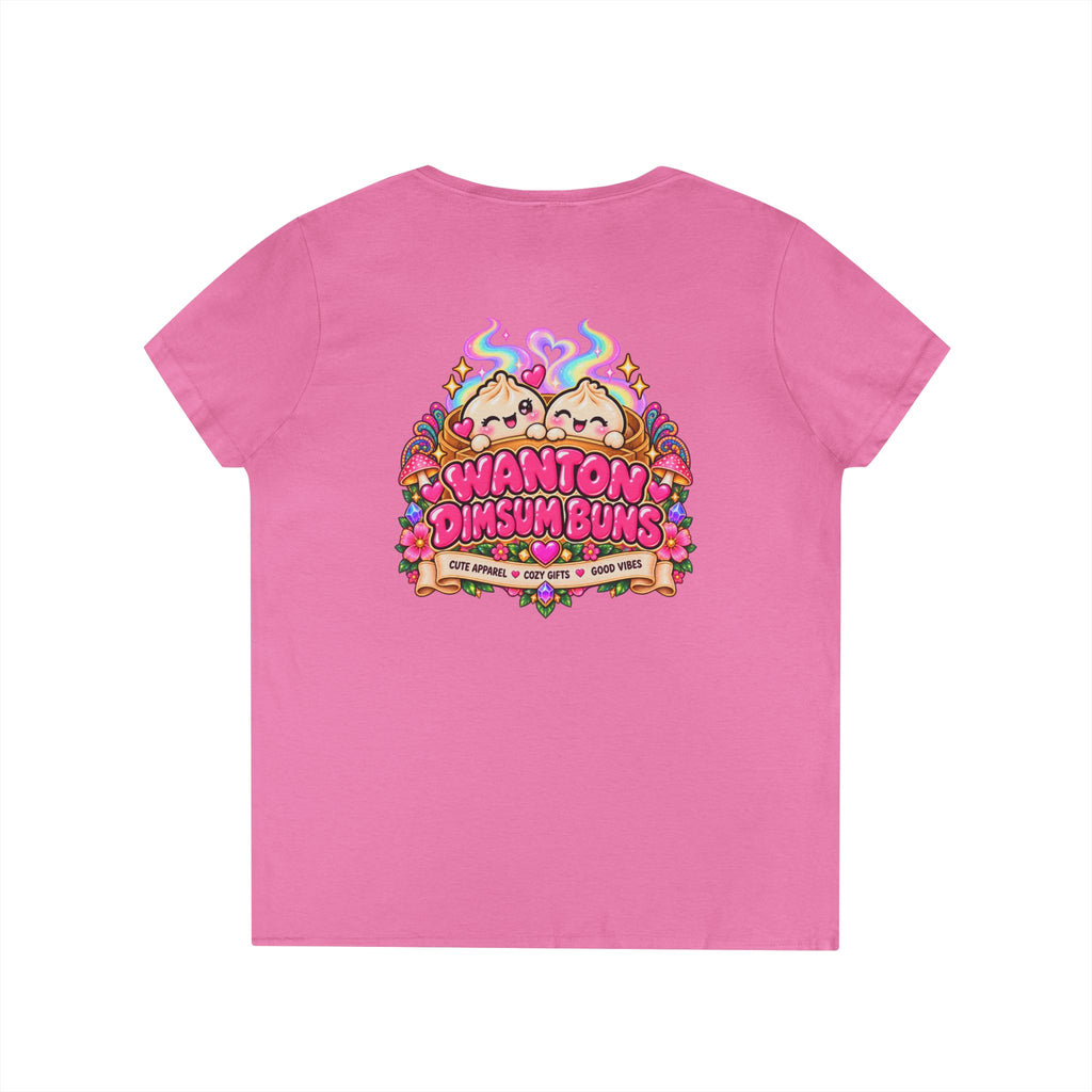 Dim Sum Bun V-Neck Tee — 'Wanton Dim Sum Buns' Cute Kawaii Food Shirt