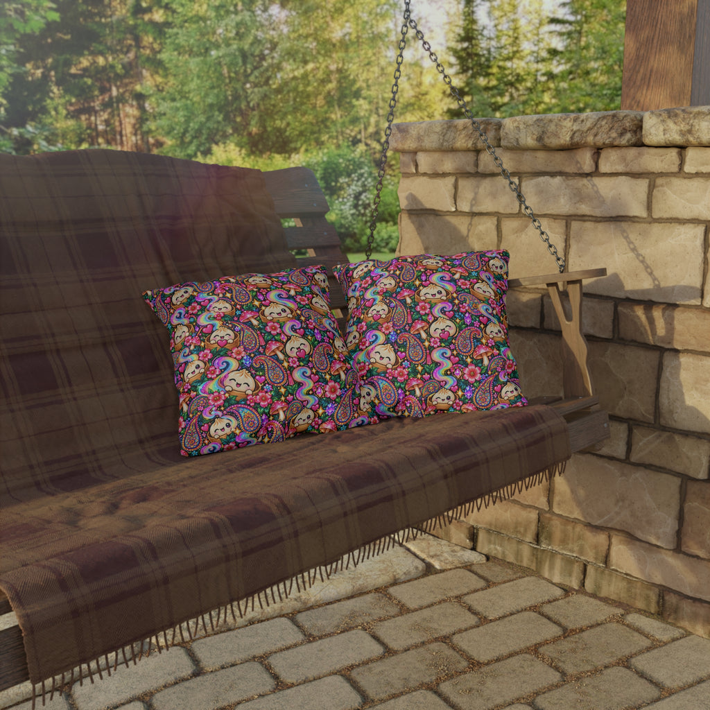 Kawaii Rainbow Dumpling Outdoor Pillow - Cute Mushroom & Flowers Accent Cushion