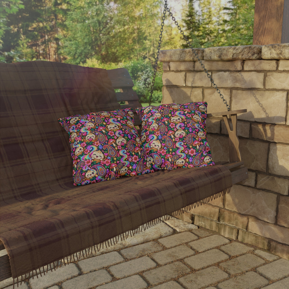 Kawaii Rainbow Dumpling Outdoor Pillow - Cute Mushroom & Flowers Accent Cushion