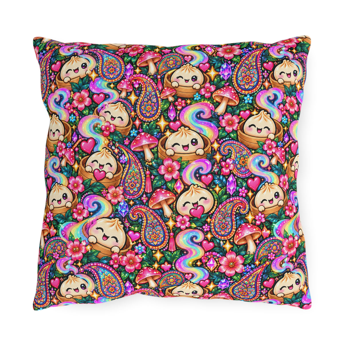 Kawaii Rainbow Dumpling Outdoor Pillow - Cute Mushroom & Flowers Accent Cushion