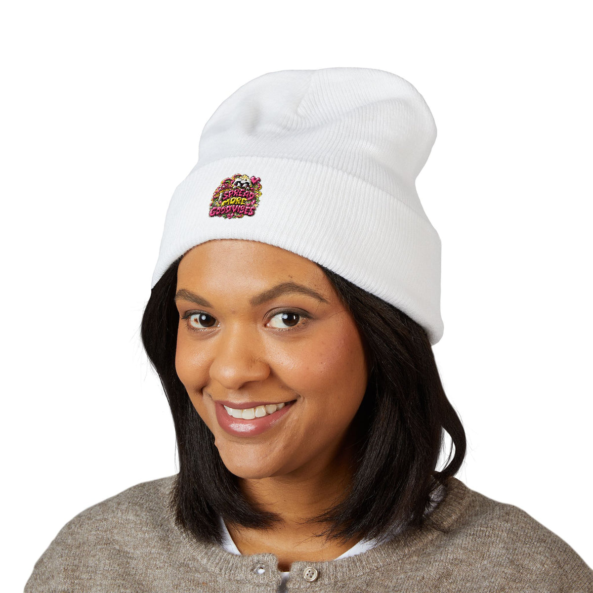 Embroidered Floral 'Love' Cuffed Beanie "Spread More Good Vibes"