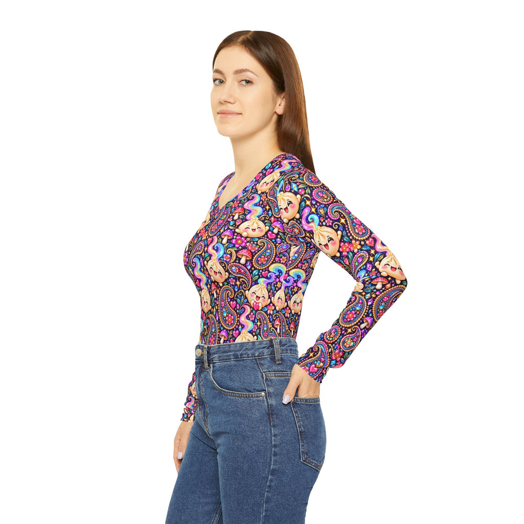 Wanton Dimsum Buns Paisley V-Neck Long Sleeve — Psychedelic Dumpling Print