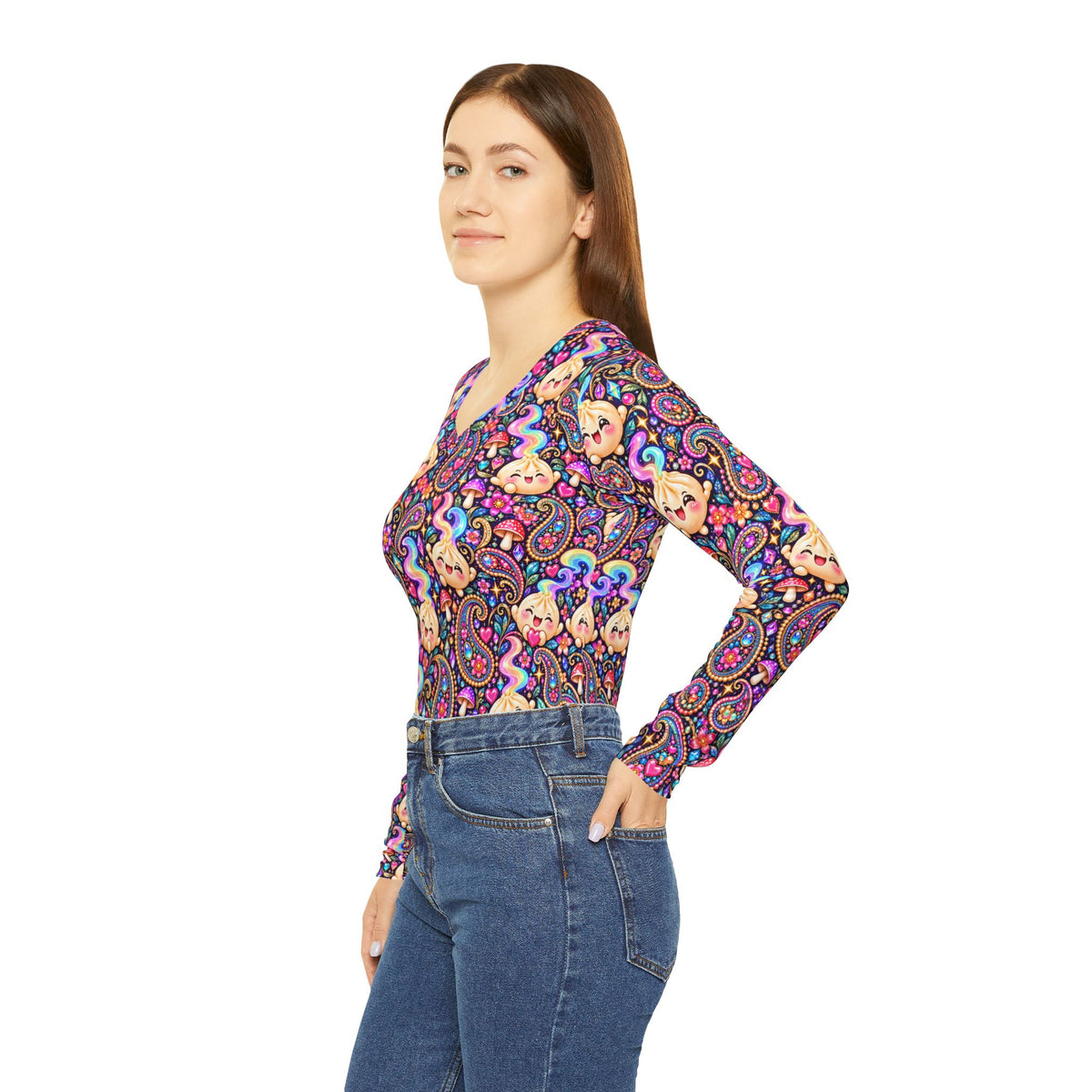 Wanton Dimsum Buns Paisley V-Neck Long Sleeve — Psychedelic Dumpling Print