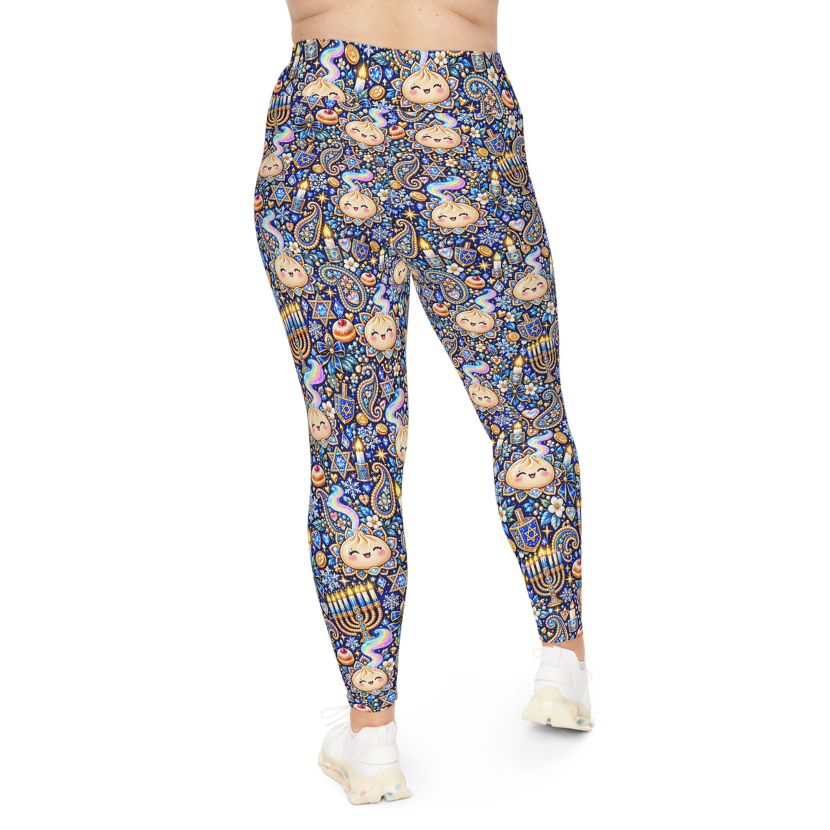 Eight Cozy Nights Plus Size Hanukkah Leggings — Dumpling & Dreidel Print