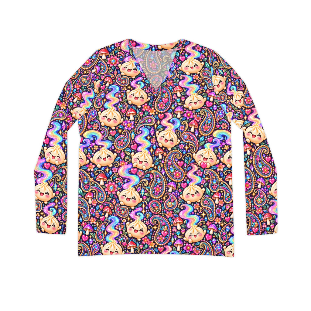 Wanton Dimsum Buns Paisley V-Neck Long Sleeve — Psychedelic Dumpling Print