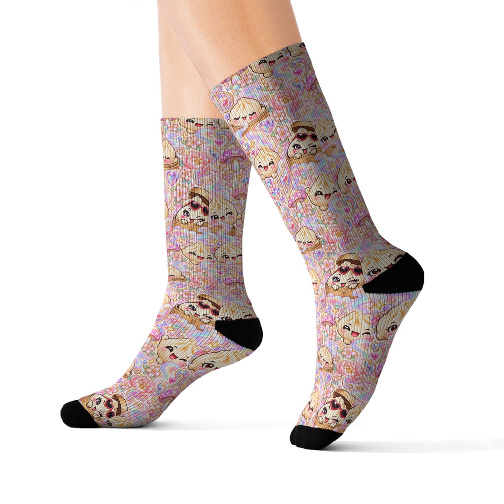 Cute Dumpling Pastel Pattern Sublimation Socks — Pink Floral Cozy Crew Socks