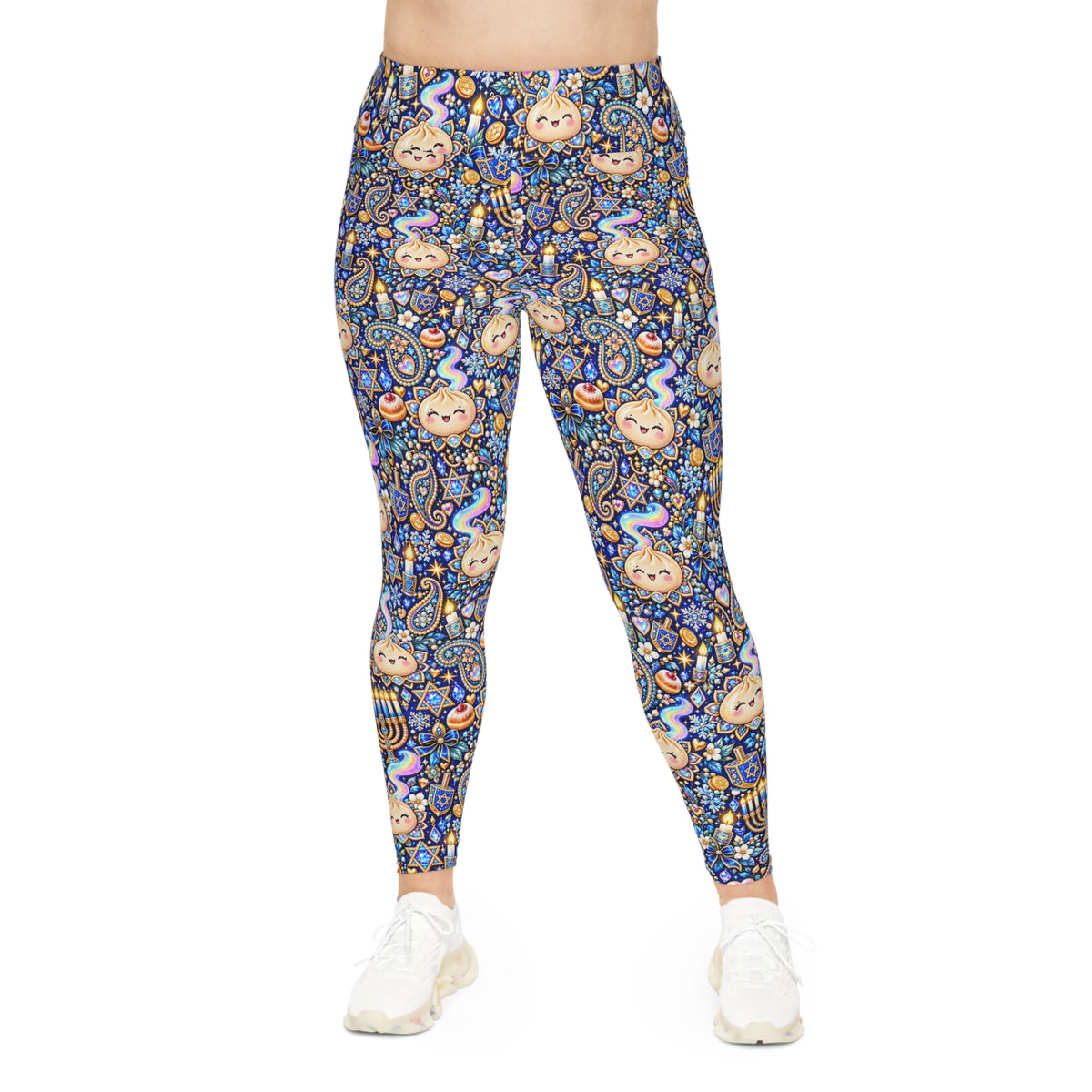 Eight Cozy Nights Plus Size Hanukkah Leggings — Dumpling & Dreidel Print
