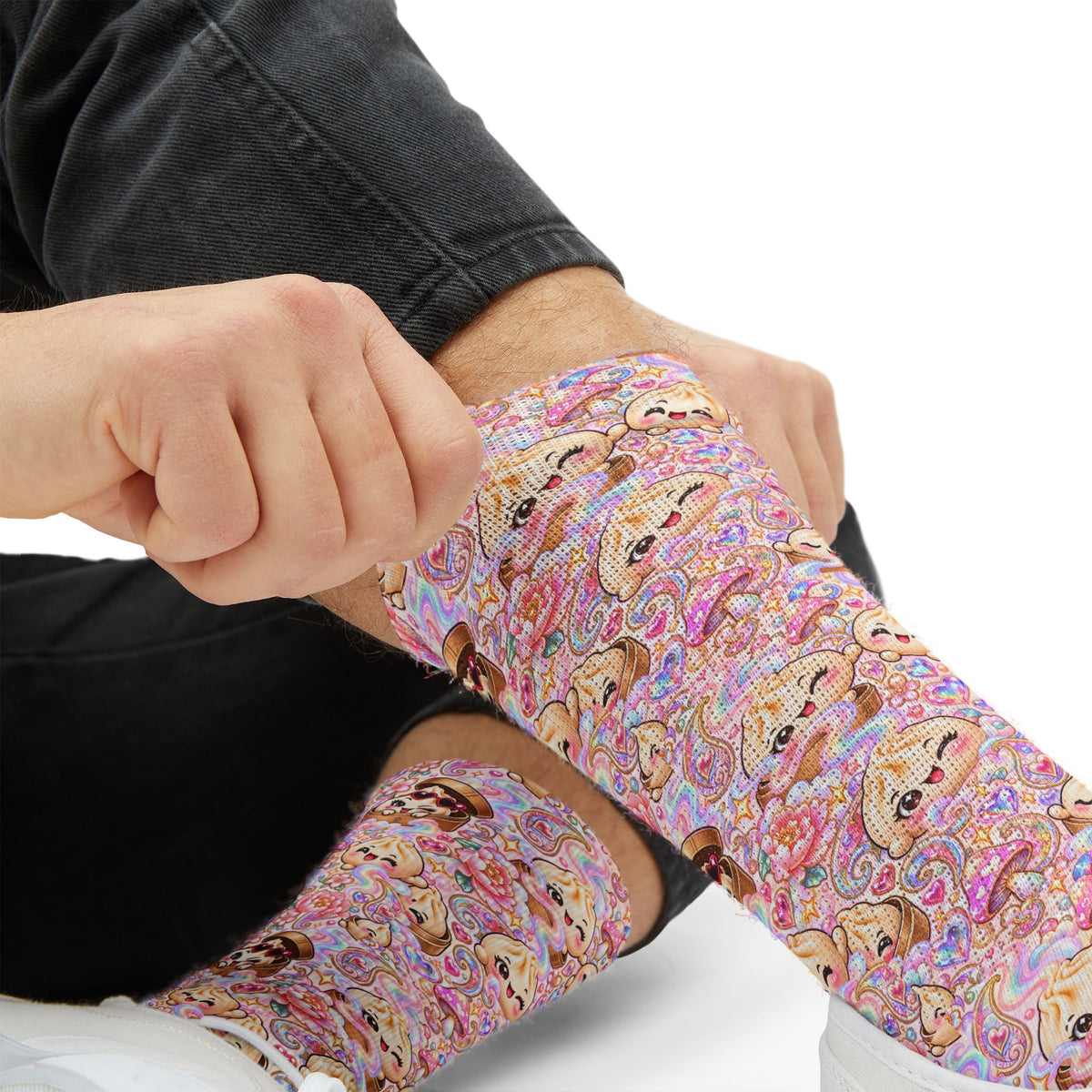 Cute Dumpling Pastel Pattern Sublimation Socks — Pink Floral Cozy Crew Socks