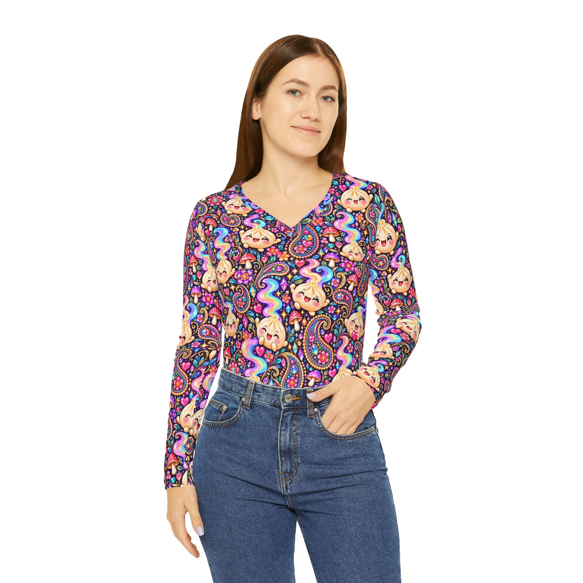 Wanton Dimsum Buns Paisley V-Neck Long Sleeve — Psychedelic Dumpling Print