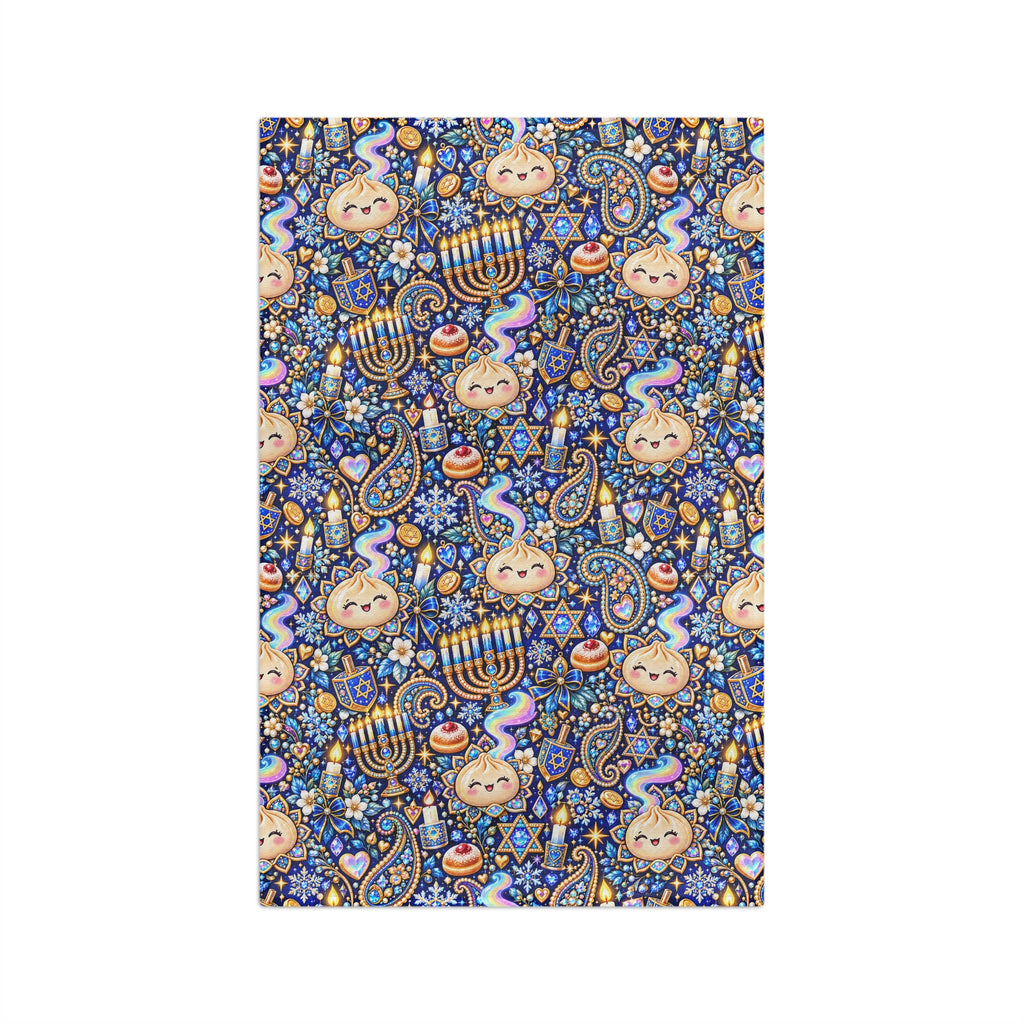 Eight Cozy Nights Hanukkah Tea Towel — Menorah, Dreidel & Dumplings