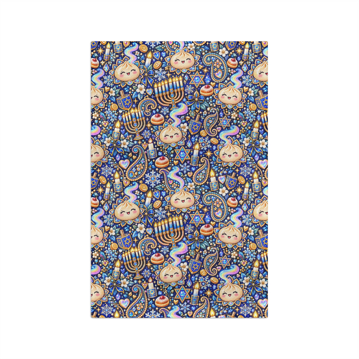Eight Cozy Nights Hanukkah Tea Towel — Menorah, Dreidel & Dumplings