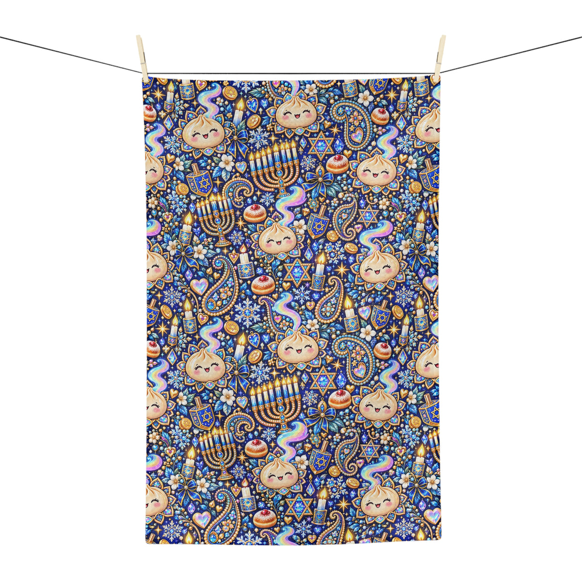 Eight Cozy Nights Hanukkah Tea Towel — Menorah, Dreidel & Dumplings