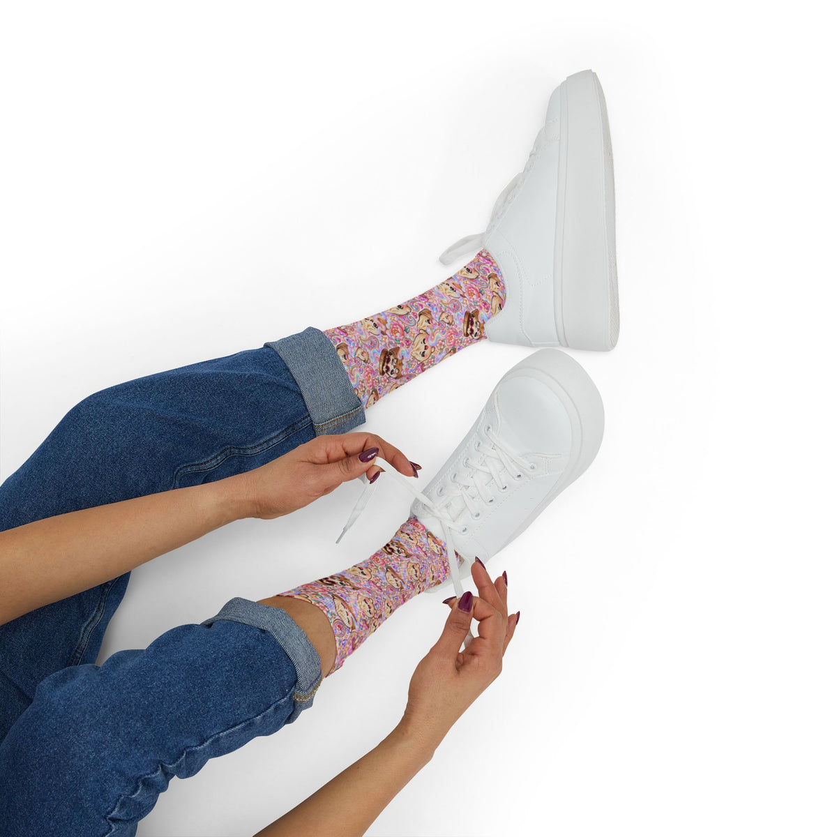 Cute Dumpling Pastel Pattern Sublimation Socks — Pink Floral Cozy Crew Socks
