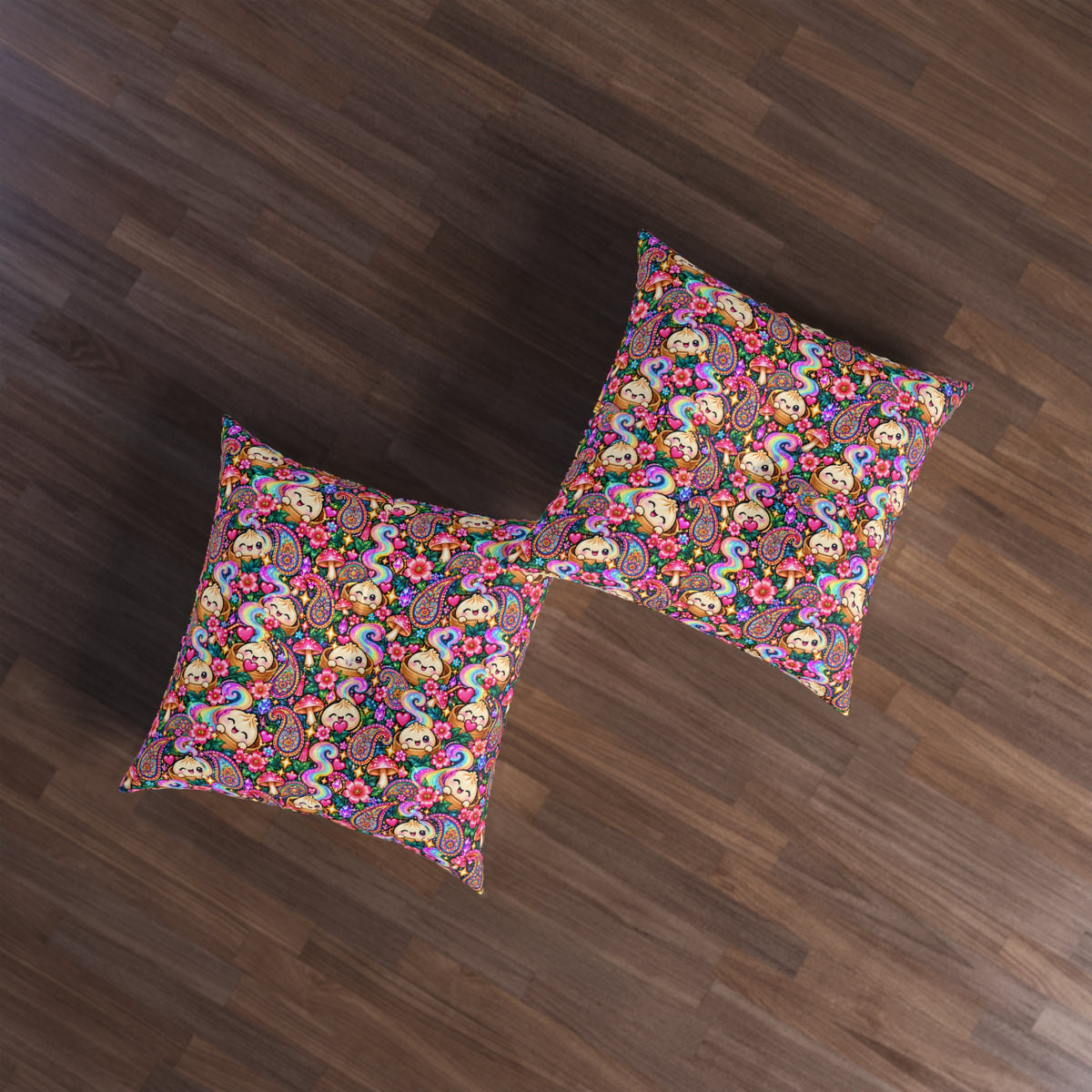 Colorful Paisley Dumpling Floor Pillow — Square Tufted Decorative Cushion