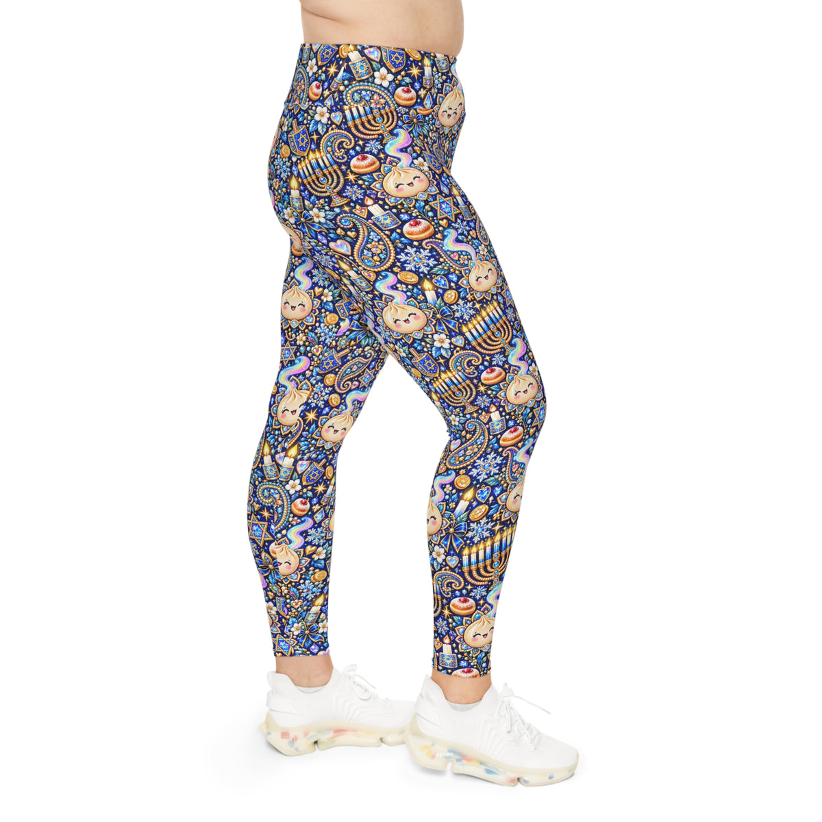 Eight Cozy Nights Plus Size Hanukkah Leggings — Dumpling & Dreidel Print