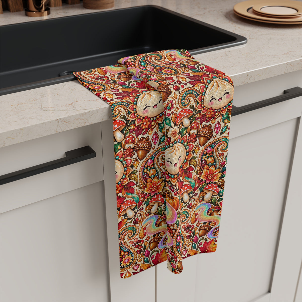 Autumn Paisley Pumpkin Dumpling Tea Towel — Whimsical Fall Microfiber Kitchen Towel