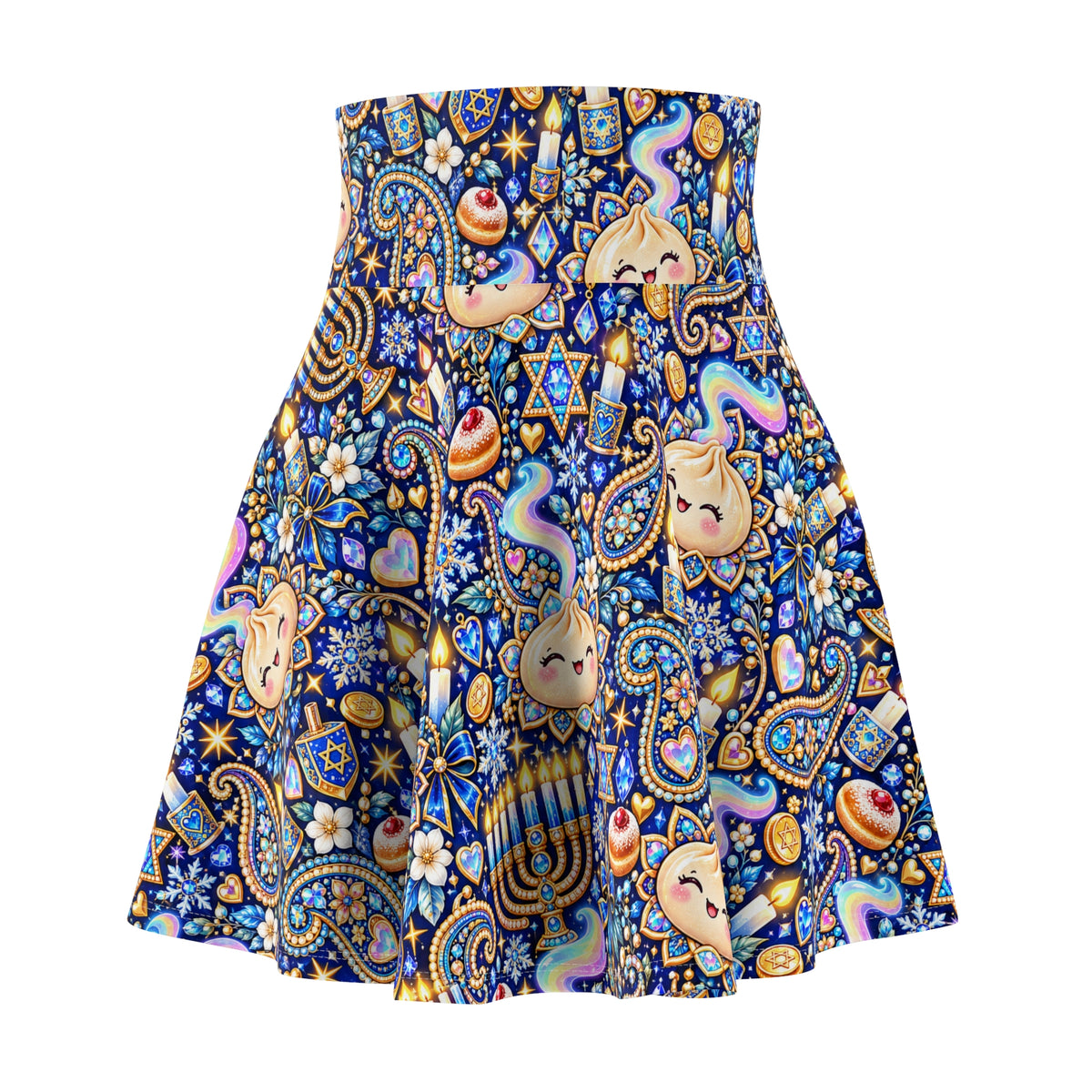 Eight Cozy Nights Hanukkah Skater Skirt — Dumpling, Menorah & Dreidel Print