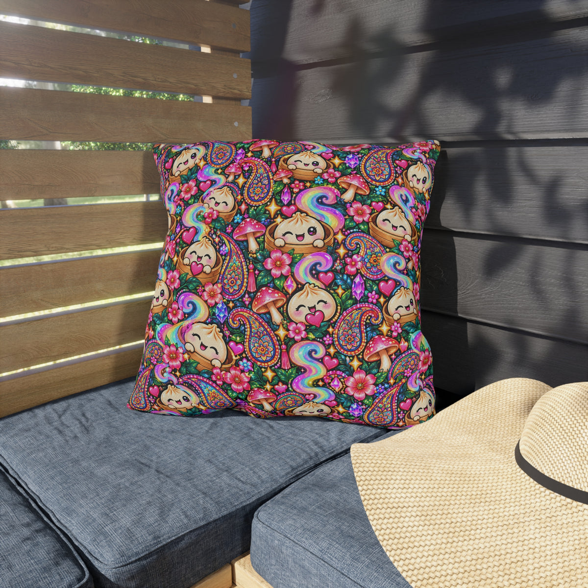 Kawaii Rainbow Dumpling Outdoor Pillow - Cute Mushroom & Flowers Accent Cushion